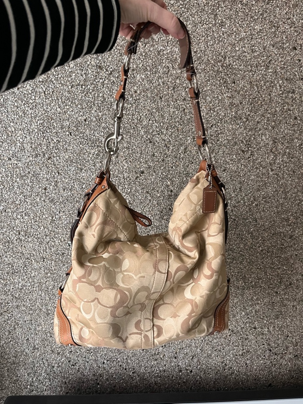 Large y2k Coach Carly Signature Canvas Shoulder Bag in Beige and Tan